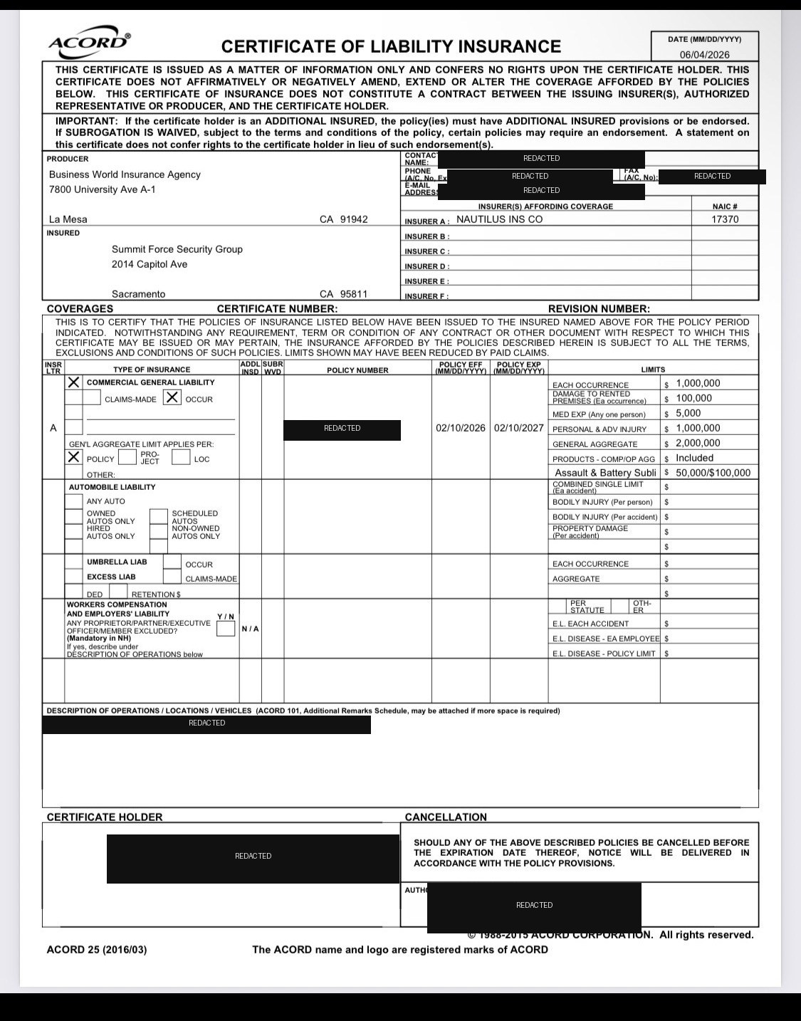 Redacted ACORD 25 certificate of liability insurance