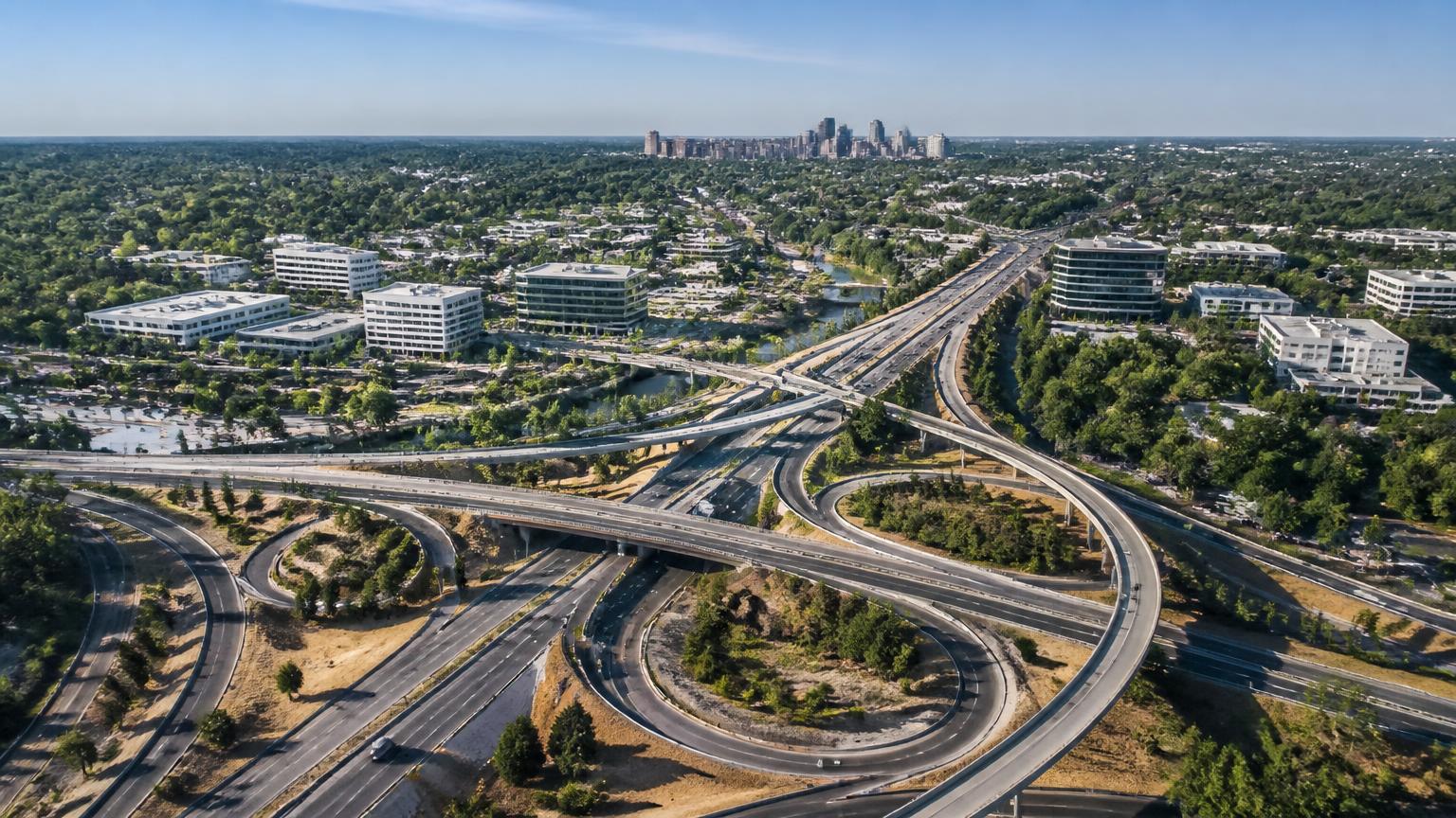 I-80 / US-50 style interchange corridor — 38.5900, -121.3400 Aerial view of a Sacramento region freeway interchange with suburban office parks and the downtown skyline on the horizon, illustrating I-80 and US-50 dispatch corridors