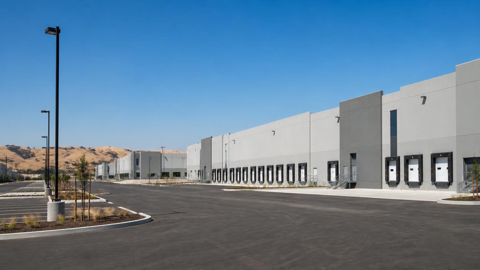 Valley logistics & distribution park — 38.6800, -121.6100 Empty tilt-up concrete distribution warehouses and loading docks in a Sacramento Valley logistics park with golden hills behind, representative of regional industrial coverage sectors