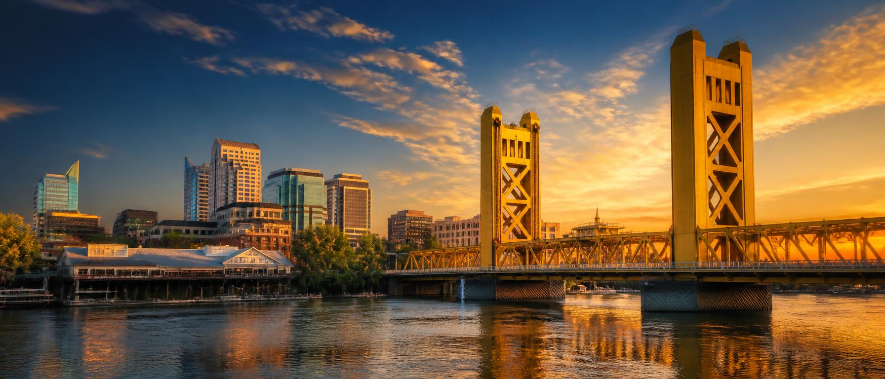 Sacramento Tower Bridge and downtown skyline at golden hour — the central dispatch point for Summit Force Security Group's certified security guard vendor coverage region